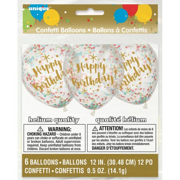 6 Ballons transparents happy birthday - 30 cm - confettis multicolore
