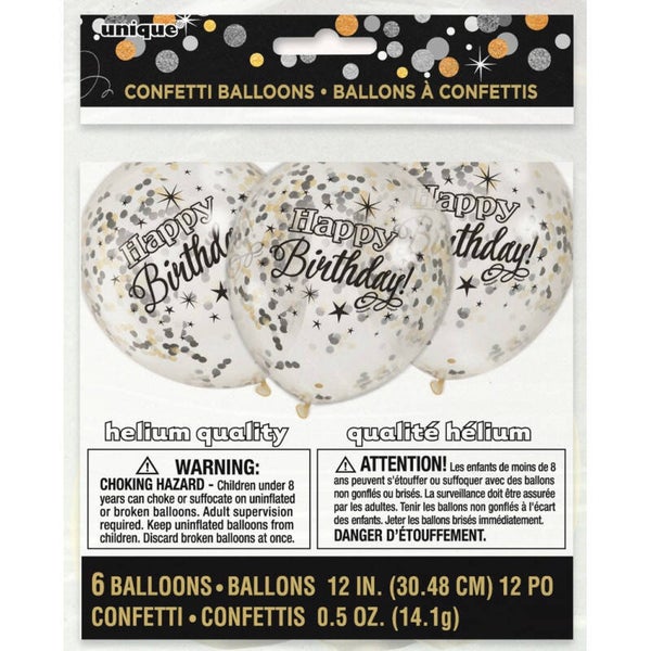 6 Ballons transparents happy birthday - 30 cm - confettis or/argent/noir