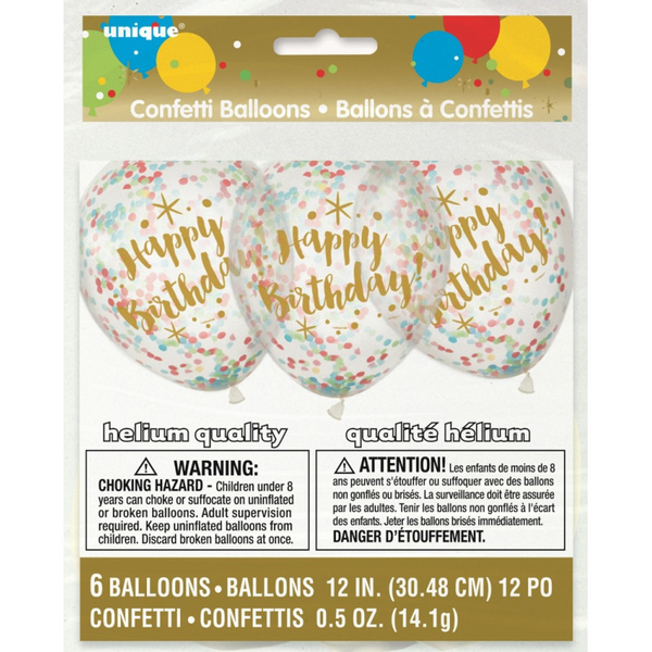 6 Ballons transparents happy birthday - ø 30 cm - confettis multicolore