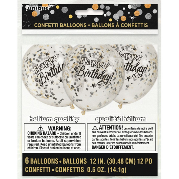 6 Ballons transparents happy birthday - ø 30 cm - confettis or/argent/noir