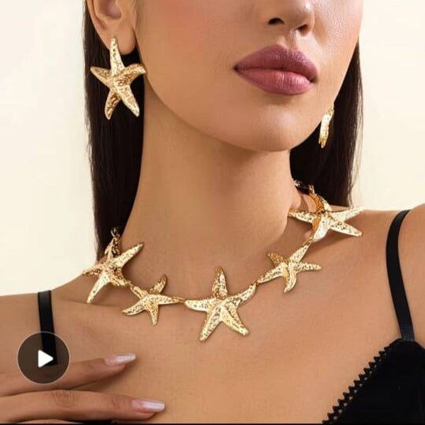 PARURE BOUCLE D'OREILLES ÉTOILES DE MER & COLLIER EN FANTAISIE