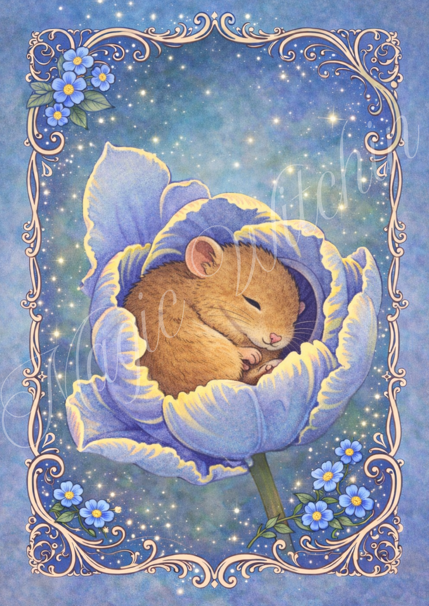 Muisje in blauwe bloem