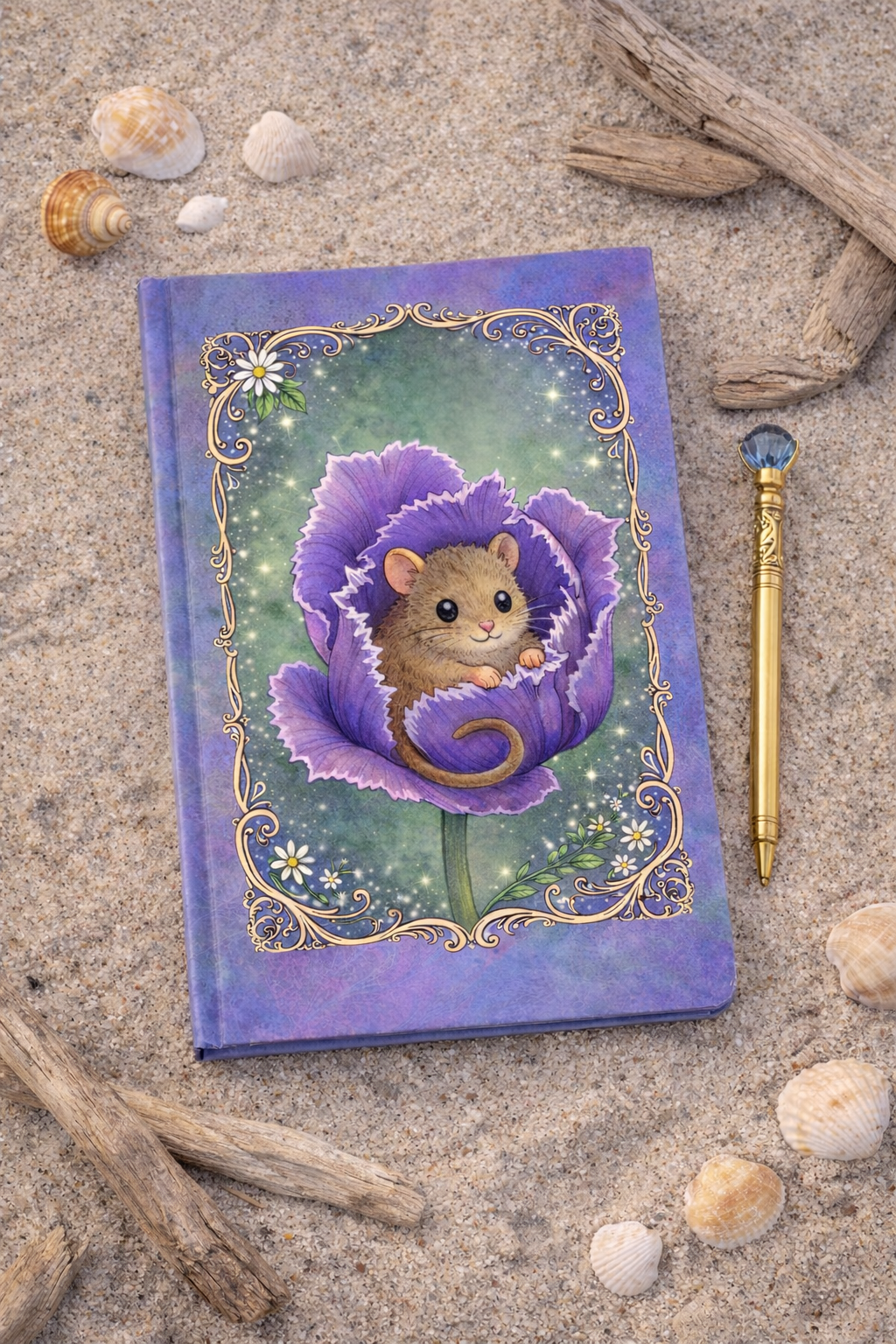 Journal dwergmuisje in paarse bloem