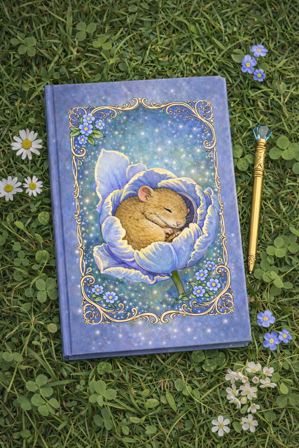 Journal dwergmuisje in blauwe bloem