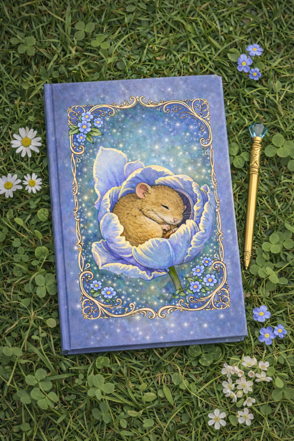 Journal dwergmuisje in blauwe bloem