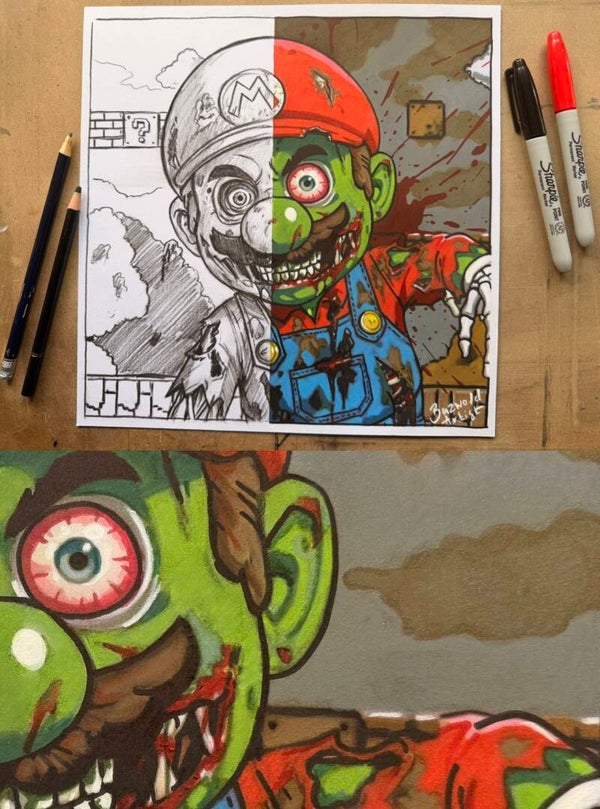 Zombie Super Mario - Sharpie pen & pastel pencil