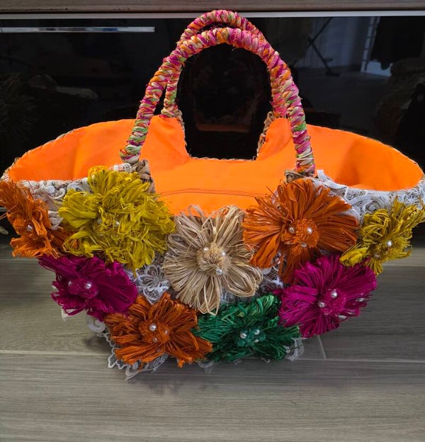 Cesto de playa floral en naranja