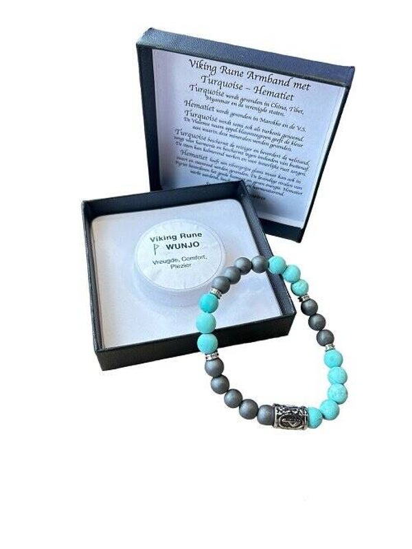 Heren armband matte Turquoise en matte Hematiet met Viking kraal