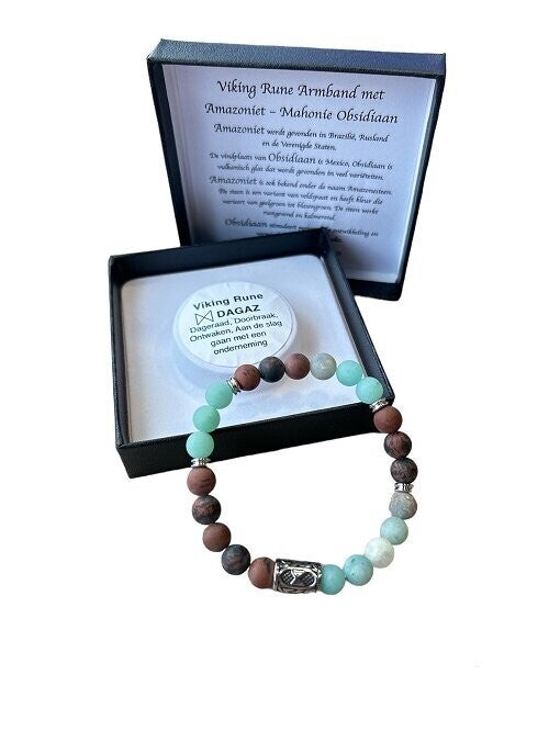 Heren armband  matte Amazoniet en matte Mahonie Obsidiaan met Viking kraal