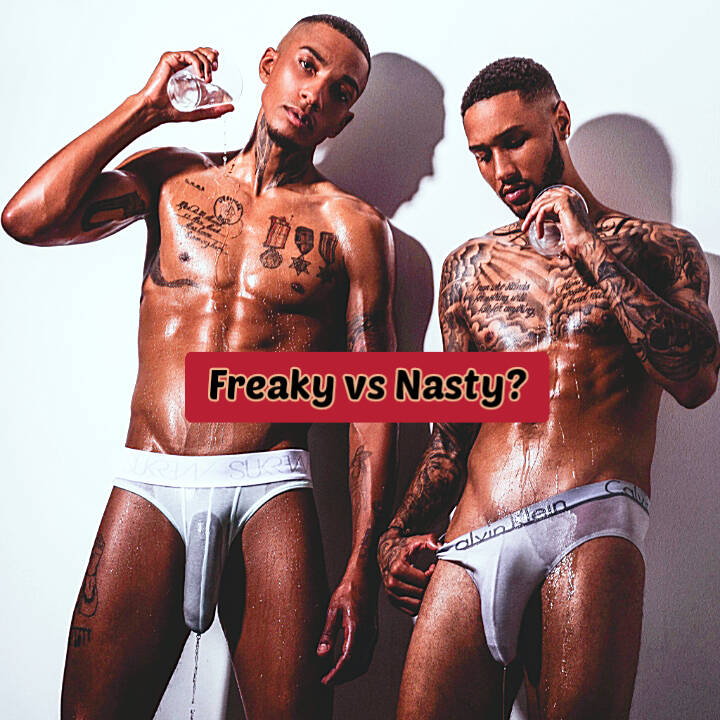 Two sexy tattooed black guys modeling see through underwear with the words freaky vs nasty memed across their stomach area