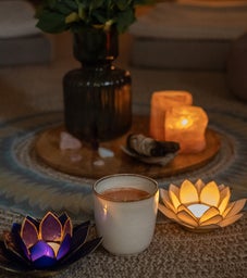 2 handen die schaal vast houden met salie, reinigende werking. En kaartendeck eronder, met spirituele wijsheden en inzichten