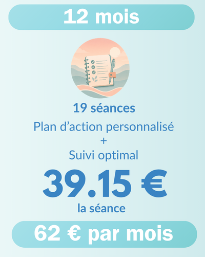 Formule 12 mois de coaching nutrition : 19 séances à environ 39 € la séance, 62 € par mois, soit 744 € au total