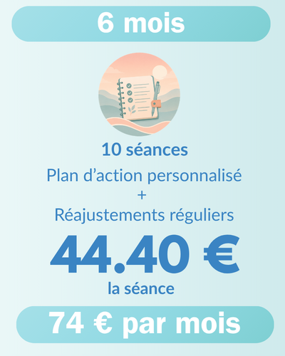 Formule 6 mois de coaching nutrition : 10 séances à environ 44 € la séance, 74 € par mois, soit 444 € au total