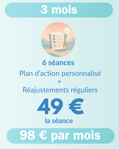 Formule 3 mois de coaching nutrition : 6 séances à 49 € la séance, 98 € par mois, soit 294 € au total