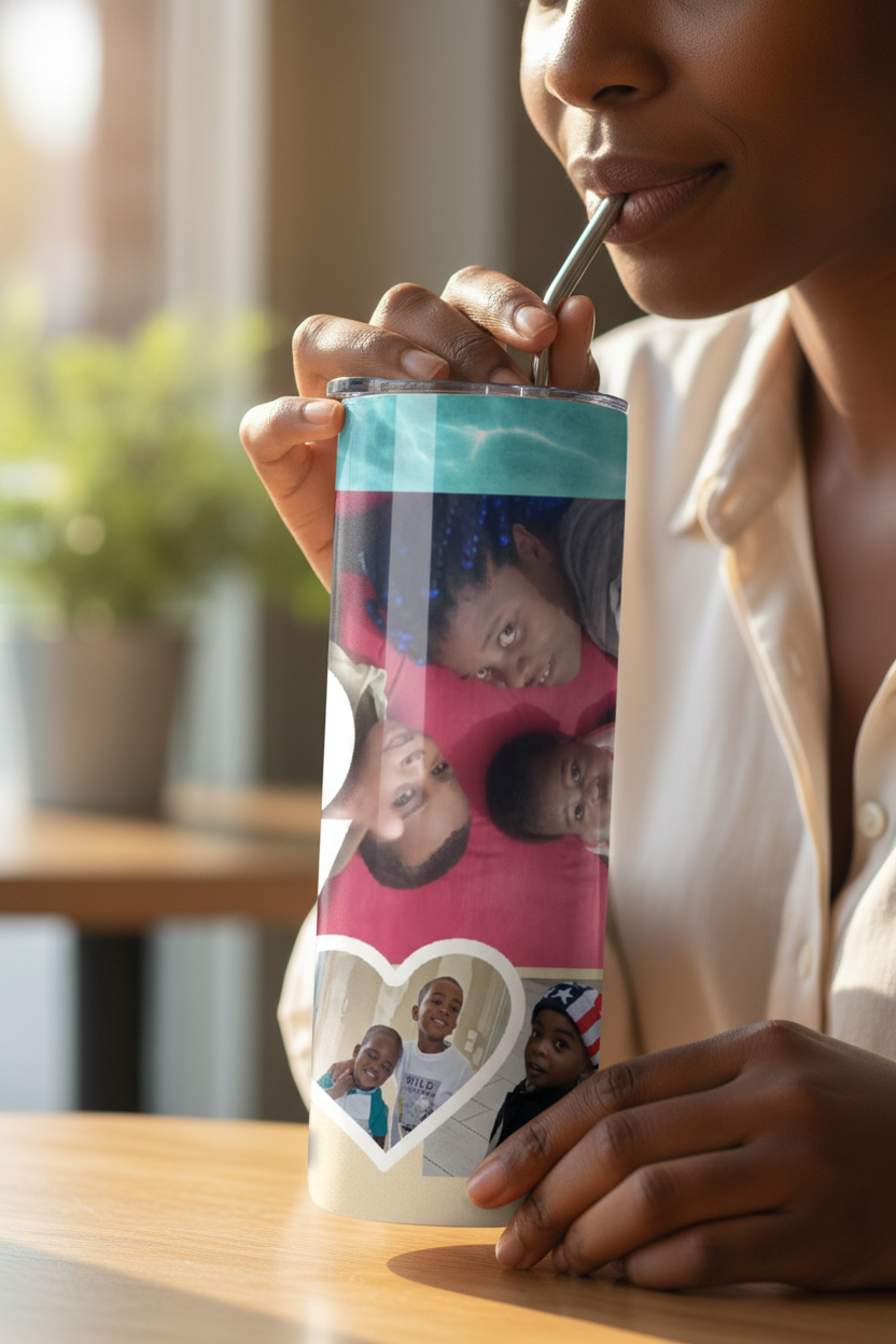 Gobelet isotherme personnalisé 600 ml avec collage de photos et thème HOME, FAMILY ou LOVE