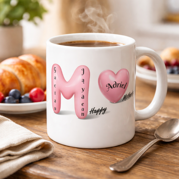 Mug personnalisé MAMAN OU MOM – Prénoms des enfants, cadeau Fête des Mères, design ballons roses