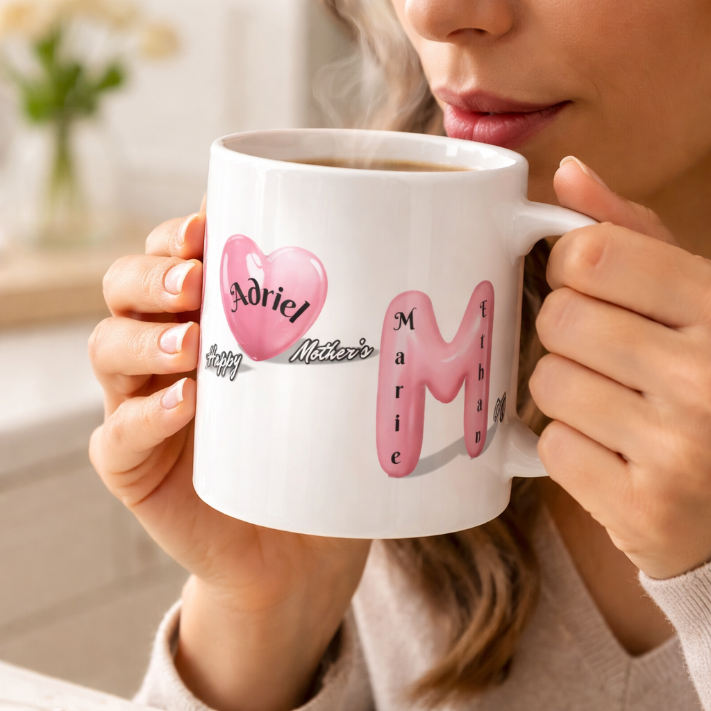 Mug personnalisé MAMAN OU MOM avec lettres ballons roses et prénoms des enfants intégrés, décoré de petits cœurs, cadeau Fête des Mères