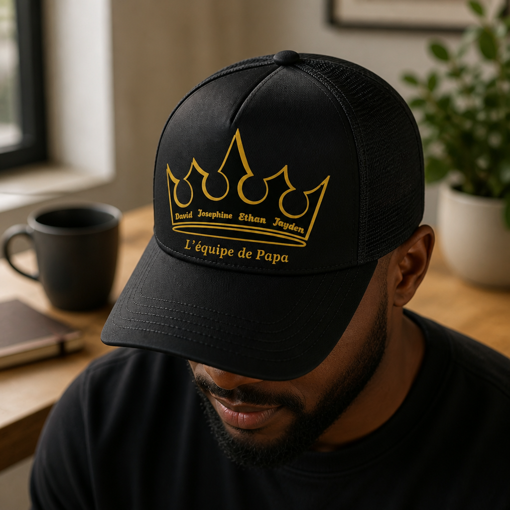 Casquette personnalisée Fête des Pères avec couronne et prénoms des enfants, design en vinyle, cadeau unique pour papa.