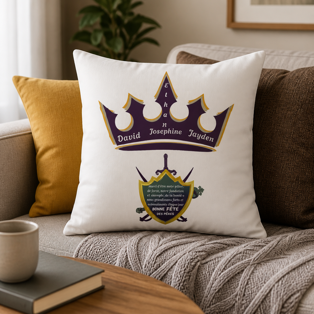 Housse de coussin personnalisée Fête des Pères avec prénoms des enfants et message d’amour, cadeau tendre pour papa.