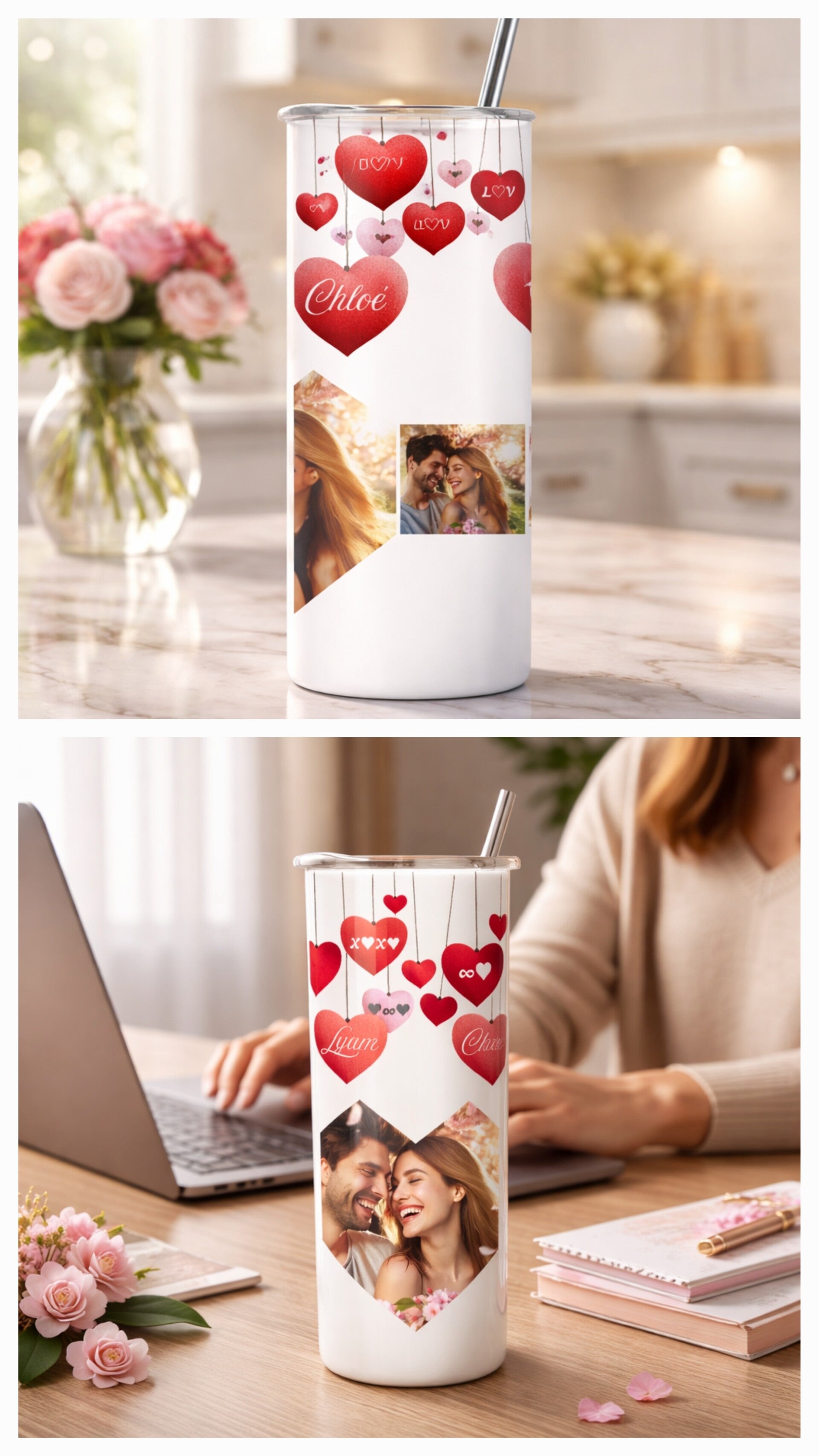 Gobelet isotherme 600 ml personnalisé avec cœurs suspendus, prénoms et collage de 5 photos
