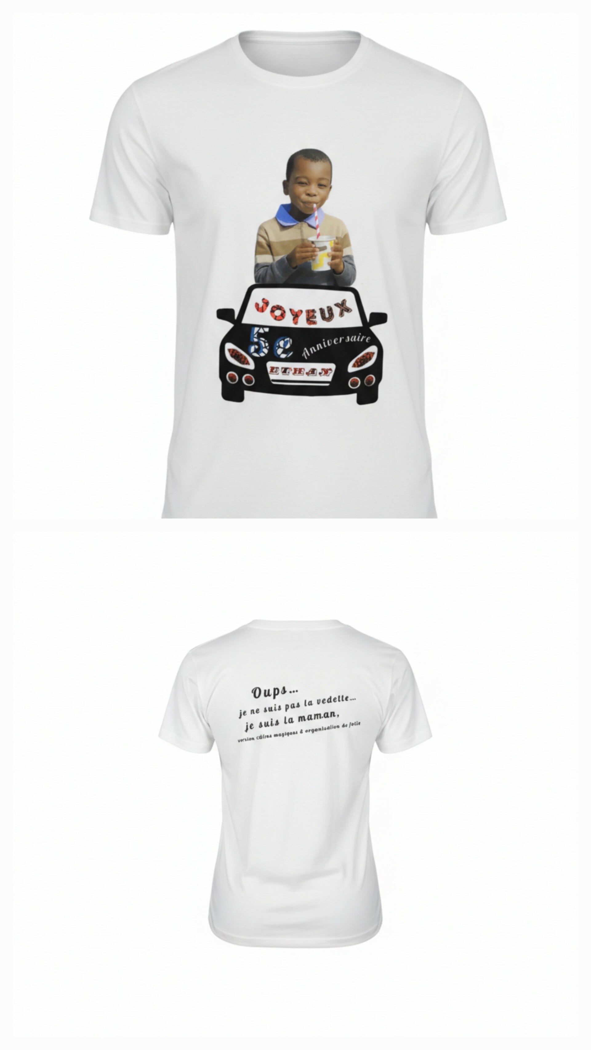 T‑shirt enfant personnalisé avec photo et design voiture joyeux pour anniversaire 