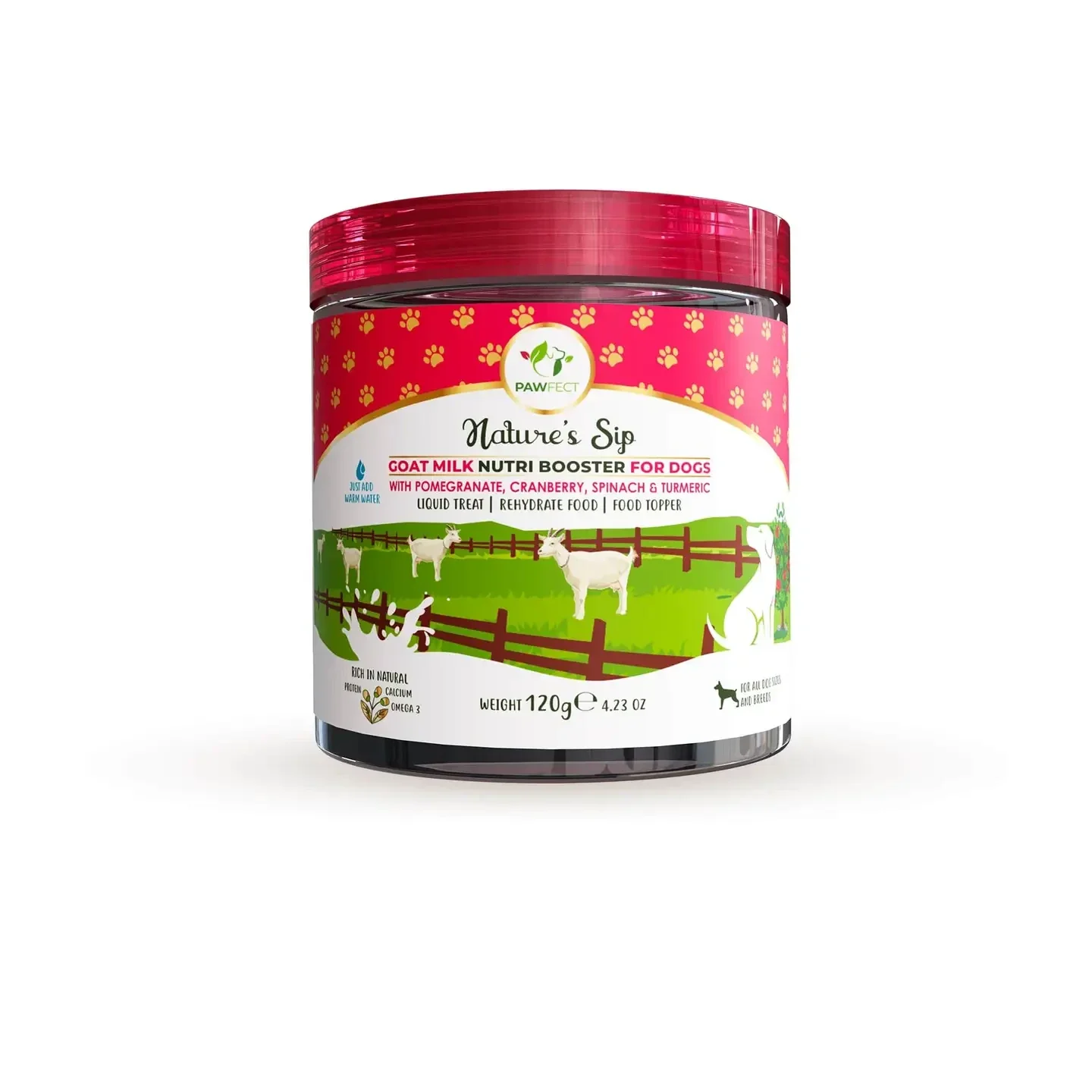 Pawfect Nature's Sip geitenmelk met Granaatappel, cranberry, spinazie en kurkuma