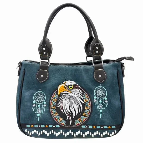 Western Crossbody / Handtas met Geborduurde Adelaar in Inheemse Stijl Blauw