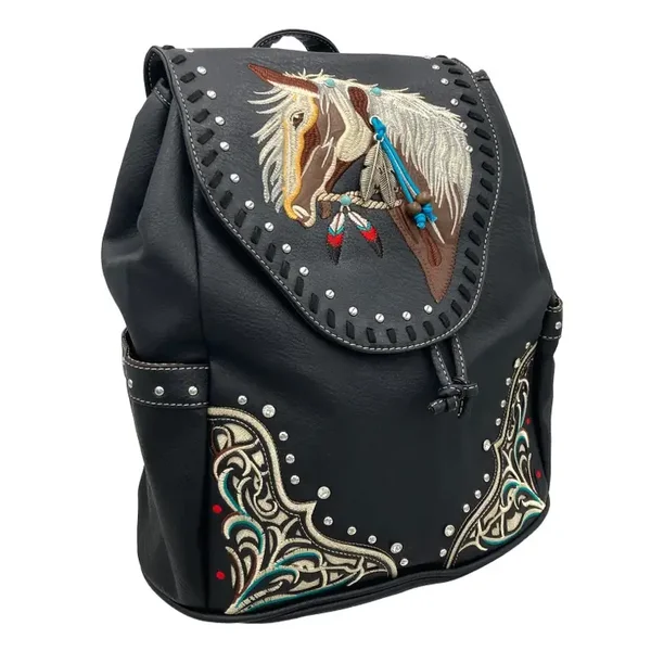 Horse Western Geborduurde leren rugzak Zwart