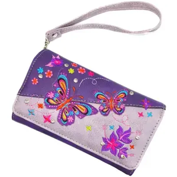 Western Geborduurde schoudertas met Butterfly en regenboog Paars