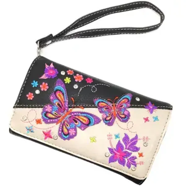 Western Geborduurde Crossbody / Portemonnee Butterfly Zwart