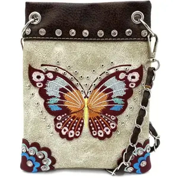 Western Geborduurde veelkleurige schoudertas met vlinder Beige