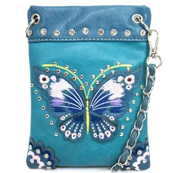 Western Geborduurde veelkleurige schoudertas met vlinder Turquoise