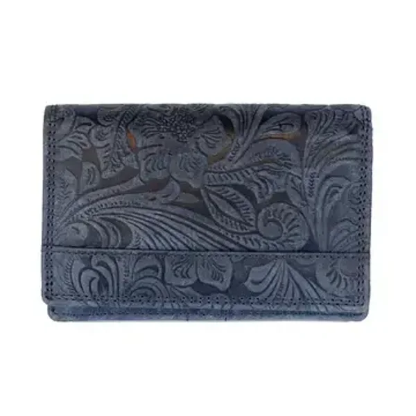 Dames Leren Portemonnee Bloemmotief Donkerblauw