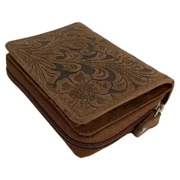 Damesportemonnee van Leer met bloemenprint Cognac