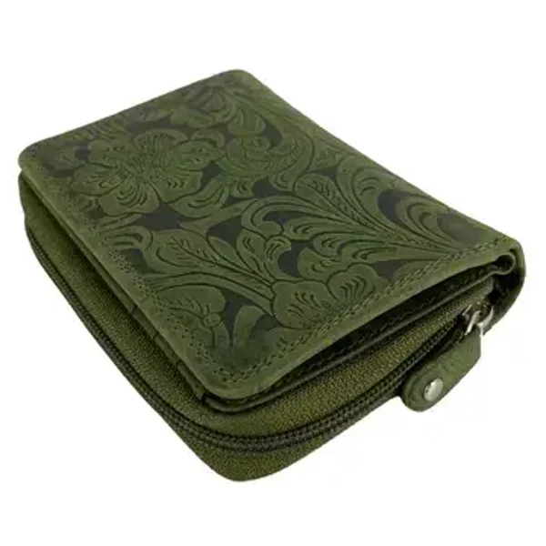 Damesportemonnee van Leer met bloemenprint Groen