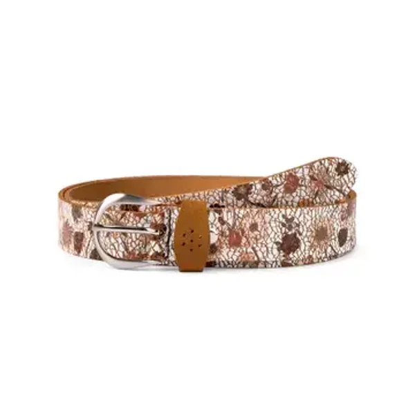Leren damesriem met bloemenmotief Beige