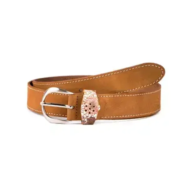 Leren damesriem met bloemenmotief op gesp Cognac