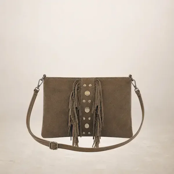 Dames Suéde Leren Bohemian Schoudertas Riova Donkertaupe