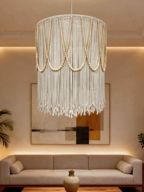 Lampa Wisząca Boho Grand Macrame – Kolumnowa Elegancja z Drewnianymi Koralikami (50x80 cm)