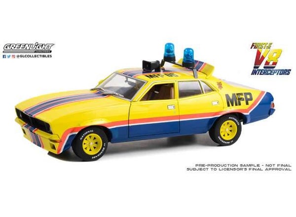 1:18 Greenlight - 1974 Ford Falcon XB 4-Door Sedan M.F.F #8 Big Bopper XB Police Pursuit *First of the V8 Interceptors 1979 Roop and Charlie's*, yellow/blue