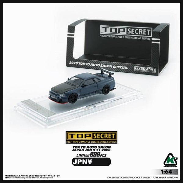 1:64 BM Creations - Top Secret BNR34 (TAS JP26) *RHD*, grey blue with carbon bonnet