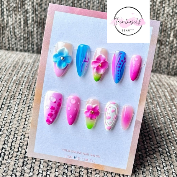 "Tropical Neon Pink Blue 3D Floral Bubble Watercolor"