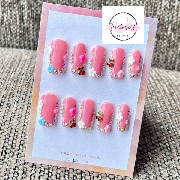 "Pink Jelly Cherry Floral Rhinestone Edge"