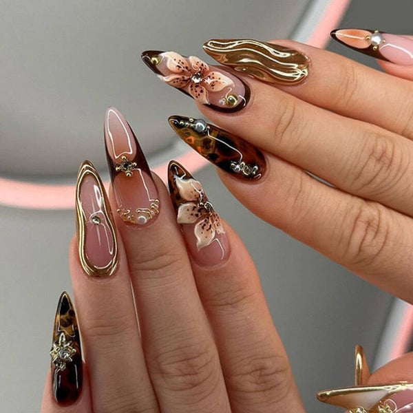 3D French Floral Glossy Pink White Almond Short Press On Nails