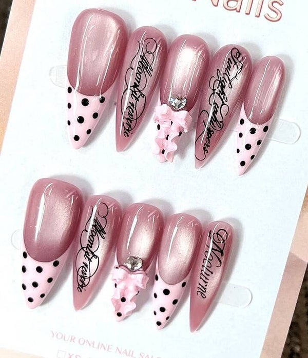 Pink Polka Ribbon - Dot Bow Press-On Nails