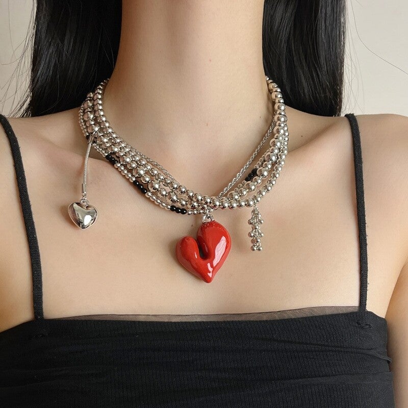 Black Geometric Beaded Heart Layered Necklace