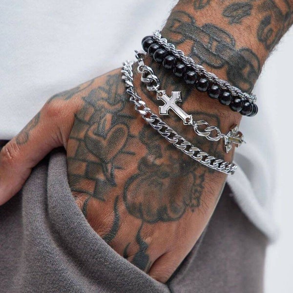 4 pcs Stainless Steel Cross Beaded Bracelet Set for Men
