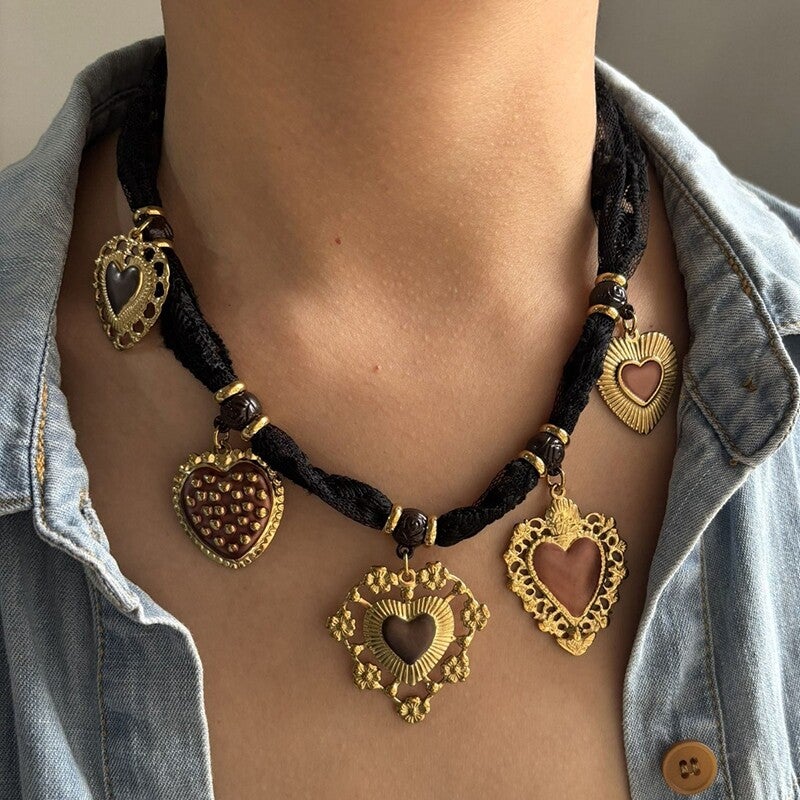 Gold Stainless Steel Heart Fabric Necklace