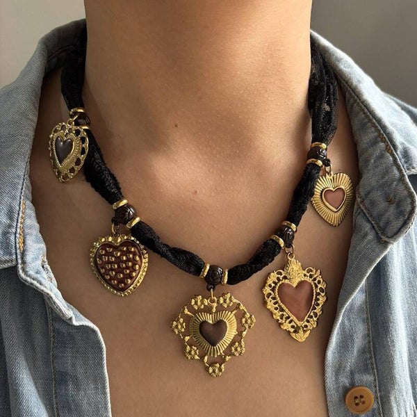 Gold Stainless Steel Heart Fabric Necklace