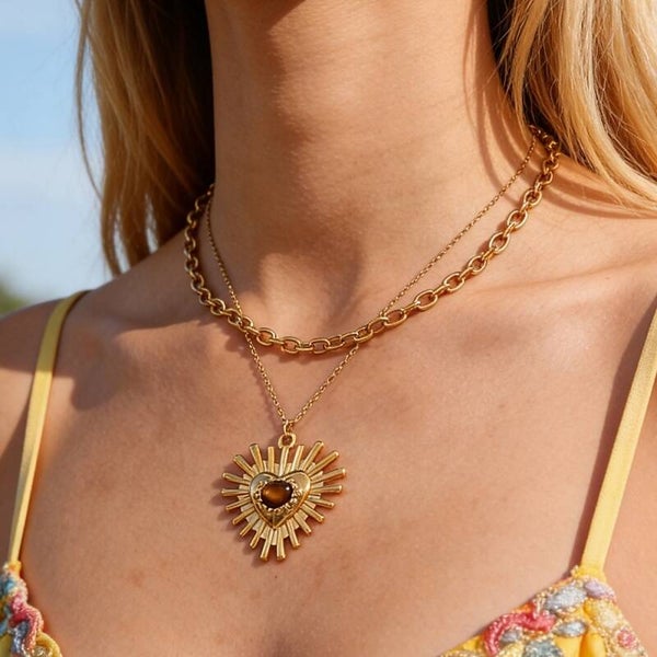 Gold Titanium Steel Double-Layered Heart Chain Necklace
